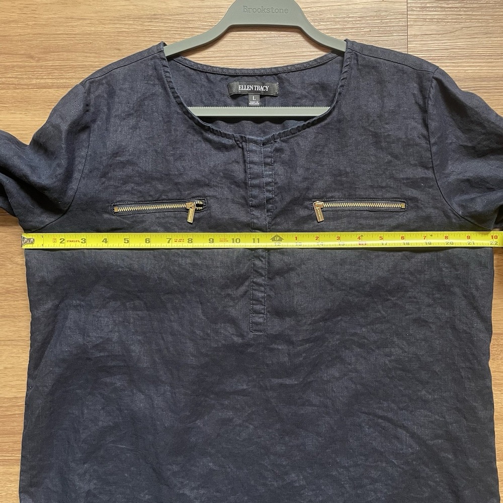 Ellen Tracy Linen Roll Tab Sleeve Navy Blue Women's Tunic Blouse Size L Coastal - Picture 5 of 10